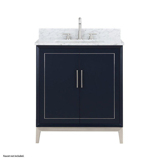 Bemma Design Gracie 30" Pacific Blue Solid Wood Freestanding Bathroom Vanity With Single 3-Hole Italian Carra Marble Vanity Top, Rectangle Undermount Sink, Backsplash and Brushed Nickel Trim