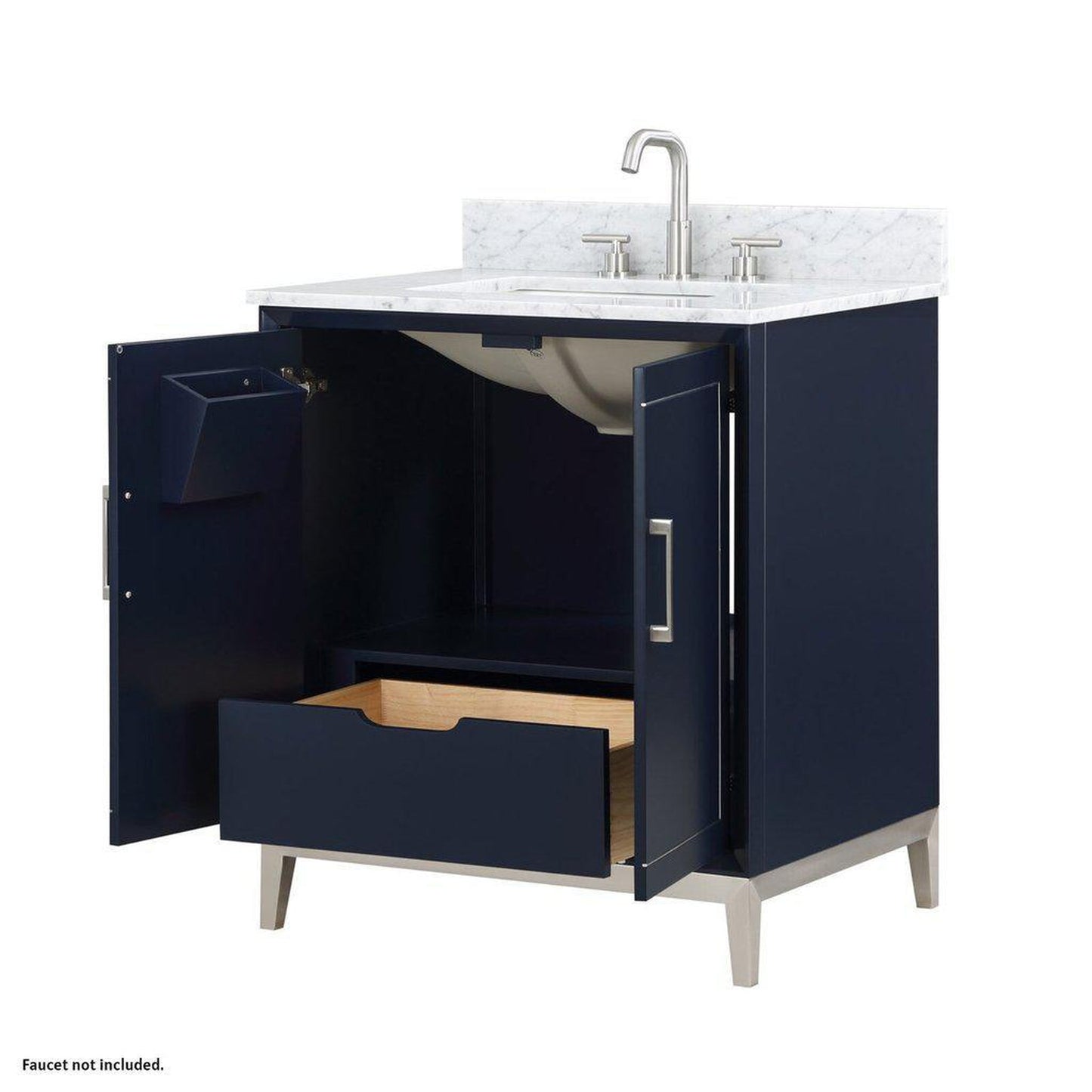 Bemma Design Gracie 30" Pacific Blue Solid Wood Freestanding Bathroom Vanity With Single 3-Hole Italian Carra Marble Vanity Top, Rectangle Undermount Sink, Backsplash and Brushed Nickel Trim
