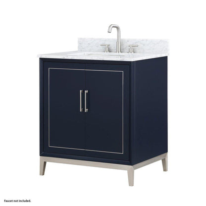 Bemma Design Gracie 30" Pacific Blue Solid Wood Freestanding Bathroom Vanity With Single 3-Hole Italian Carra Marble Vanity Top, Rectangle Undermount Sink, Backsplash and Brushed Nickel Trim