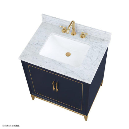 Bemma Design Gracie 30" Pacific Blue Solid Wood Freestanding Bathroom Vanity With Single 3-Hole Italian Carra Marble Vanity Top, Rectangle Undermount Sink, Backsplash and Satin Brass Trim