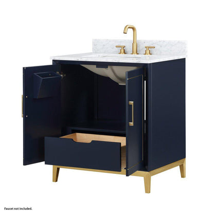 Bemma Design Gracie 30" Pacific Blue Solid Wood Freestanding Bathroom Vanity With Single 3-Hole Italian Carra Marble Vanity Top, Rectangle Undermount Sink, Backsplash and Satin Brass Trim