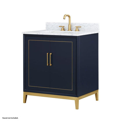 Bemma Design Gracie 30" Pacific Blue Solid Wood Freestanding Bathroom Vanity With Single 3-Hole Italian Carra Marble Vanity Top, Rectangle Undermount Sink, Backsplash and Satin Brass Trim