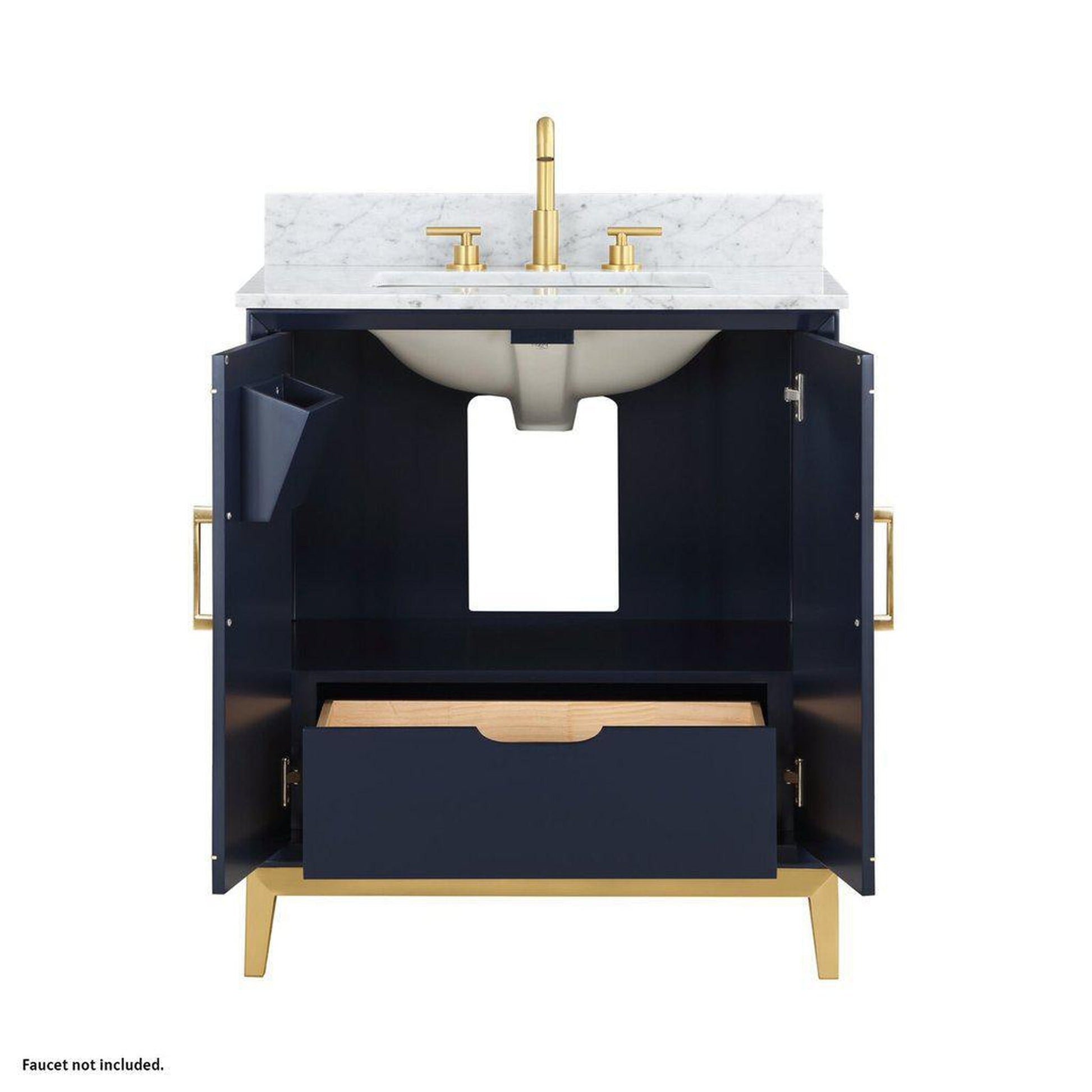 Bemma Design Gracie 30" Pacific Blue Solid Wood Freestanding Bathroom Vanity With Single 3-Hole Italian Carra Marble Vanity Top, Rectangle Undermount Sink, Backsplash and Satin Brass Trim