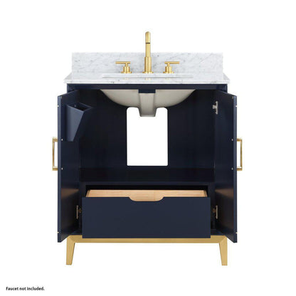 Bemma Design Gracie 30" Pacific Blue Solid Wood Freestanding Bathroom Vanity With Single 3-Hole Italian Carra Marble Vanity Top, Rectangle Undermount Sink, Backsplash and Satin Brass Trim