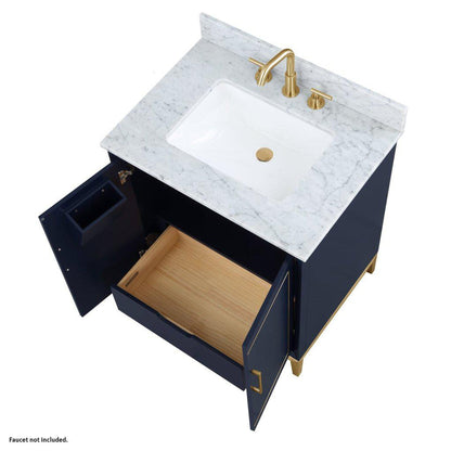 Bemma Design Gracie 30" Pacific Blue Solid Wood Freestanding Bathroom Vanity With Single 3-Hole Italian Carra Marble Vanity Top, Rectangle Undermount Sink, Backsplash and Satin Brass Trim