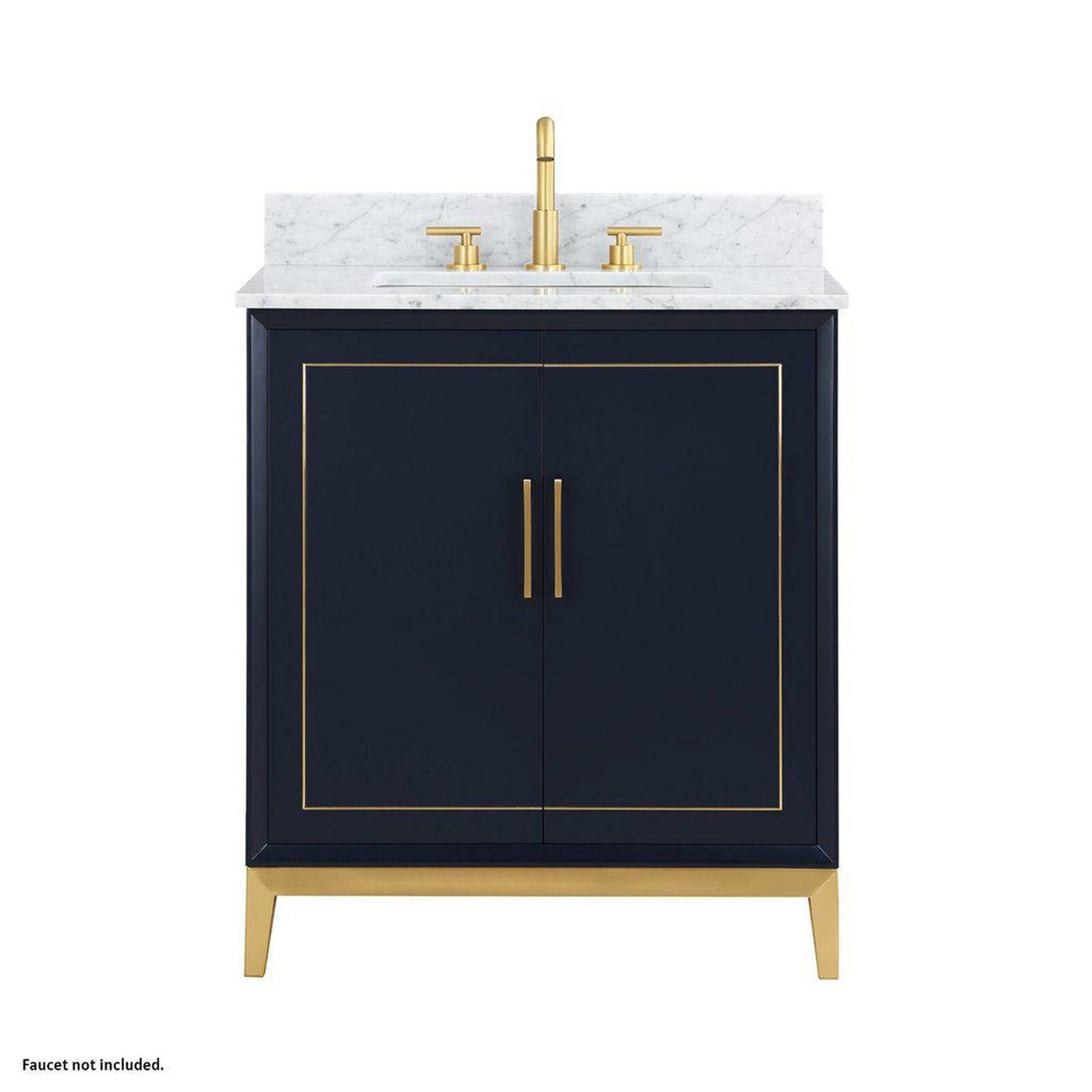 Bemma Design Gracie 30" Pacific Blue Solid Wood Freestanding Bathroom Vanity With Single 3-Hole Italian Carra Marble Vanity Top, Rectangle Undermount Sink, Backsplash and Satin Brass Trim