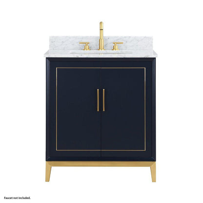 Bemma Design Gracie 30" Pacific Blue Solid Wood Freestanding Bathroom Vanity With Single 3-Hole Italian Carra Marble Vanity Top, Rectangle Undermount Sink, Backsplash and Satin Brass Trim