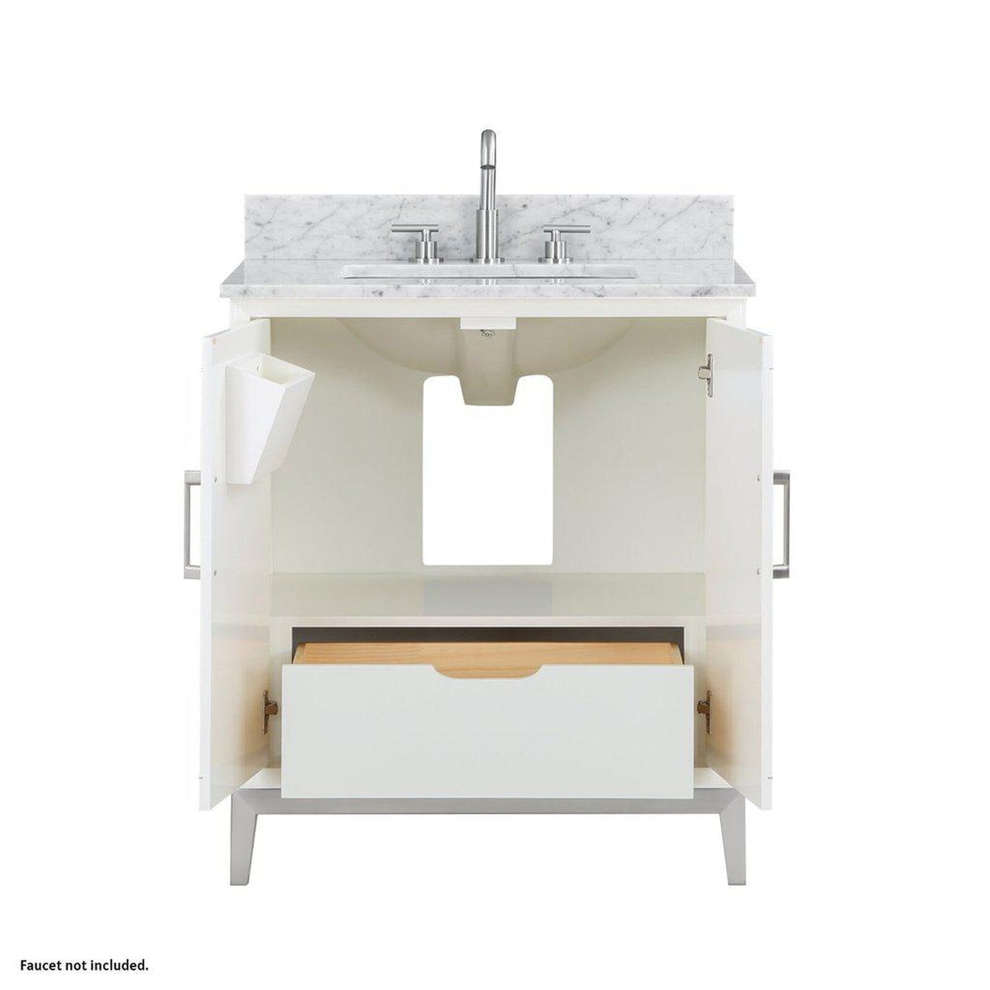 Bemma Design Gracie 30" Satin White Solid Wood Freestanding Bathroom Vanity With Single 3-Hole Italian Carra Marble Vanity Top, Rectangle Undermount Sink, Backsplash and Brushed Nickel Trim