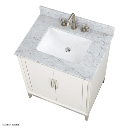 Bemma Design Gracie 30" Satin White Solid Wood Freestanding Bathroom Vanity With Single 3-Hole Italian Carra Marble Vanity Top, Rectangle Undermount Sink, Backsplash and Brushed Nickel Trim