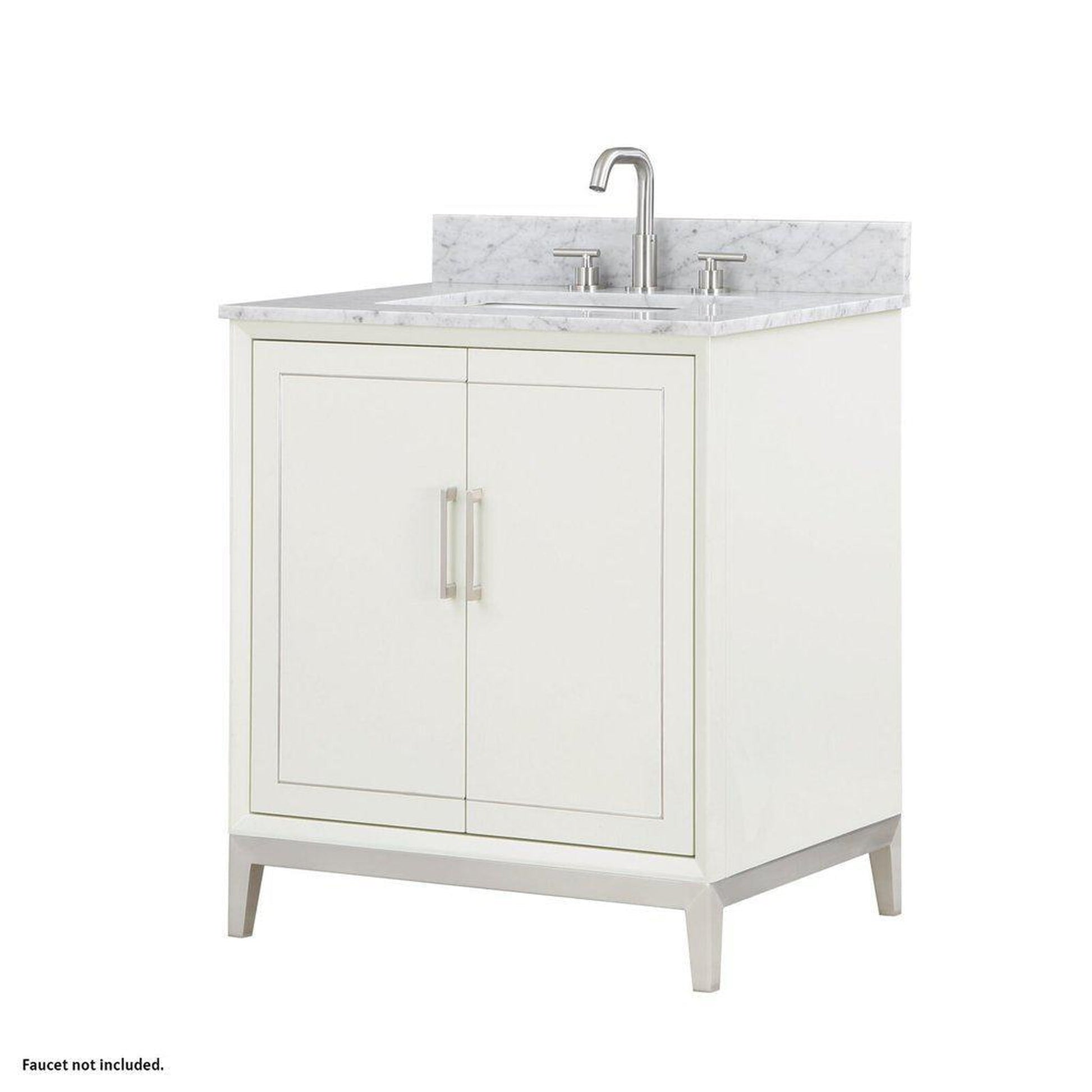 Bemma Design Gracie 30" Satin White Solid Wood Freestanding Bathroom Vanity With Single 3-Hole Italian Carra Marble Vanity Top, Rectangle Undermount Sink, Backsplash and Brushed Nickel Trim