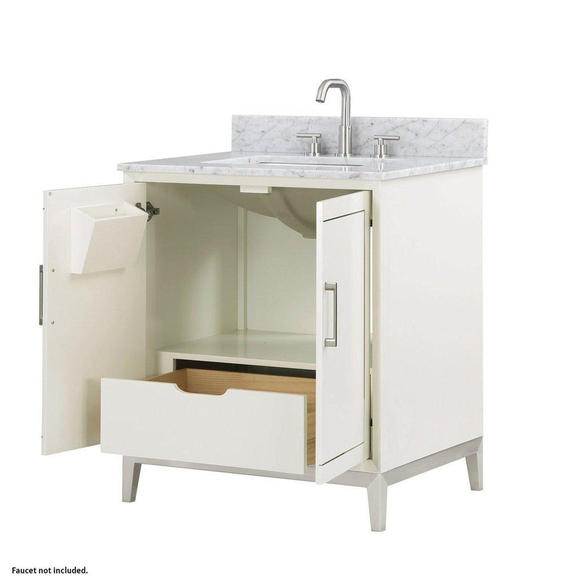 Bemma Design Gracie 30" Satin White Solid Wood Freestanding Bathroom Vanity With Single 3-Hole Italian Carra Marble Vanity Top, Rectangle Undermount Sink, Backsplash and Brushed Nickel Trim