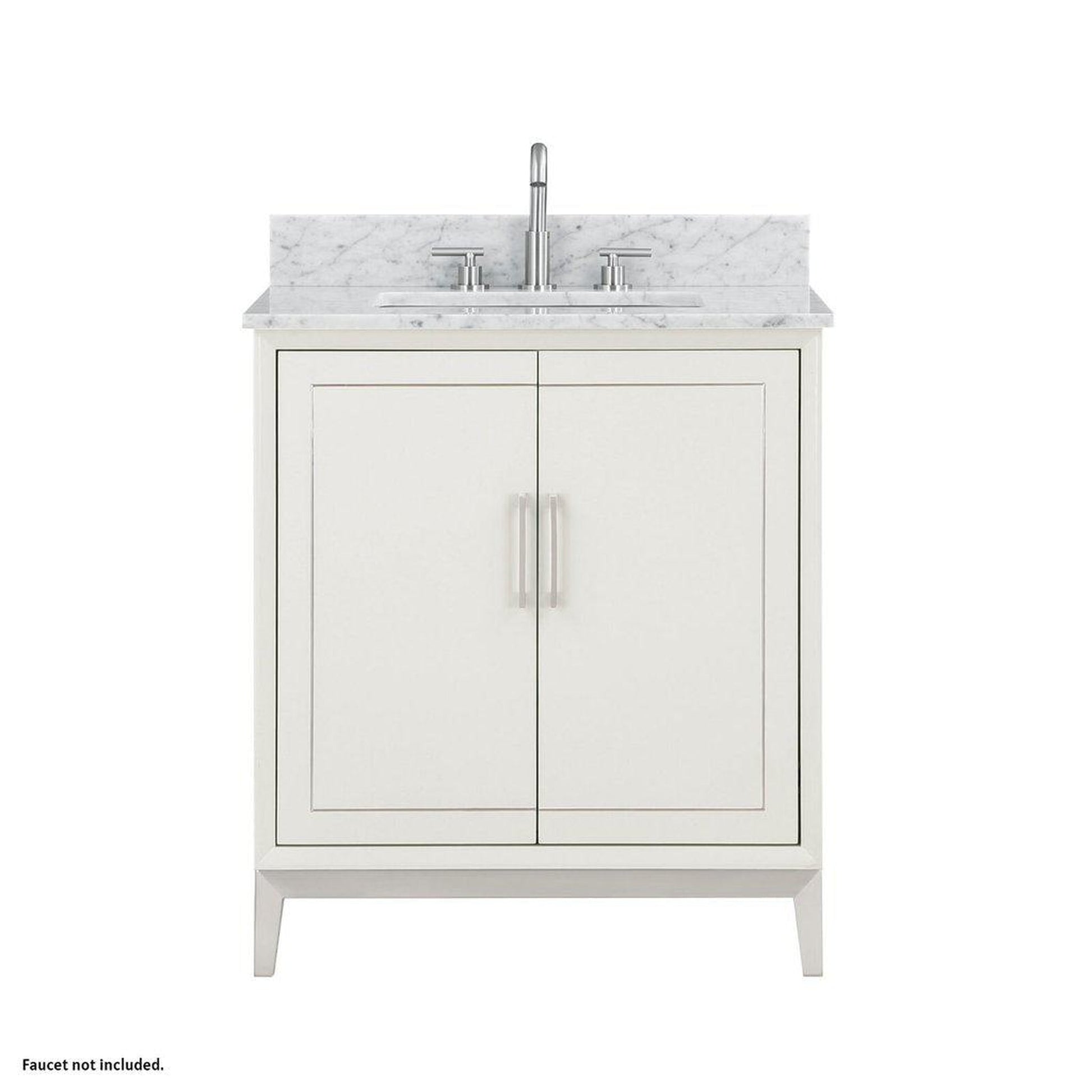 Bemma Design Gracie 30" Satin White Solid Wood Freestanding Bathroom Vanity With Single 3-Hole Italian Carra Marble Vanity Top, Rectangle Undermount Sink, Backsplash and Brushed Nickel Trim