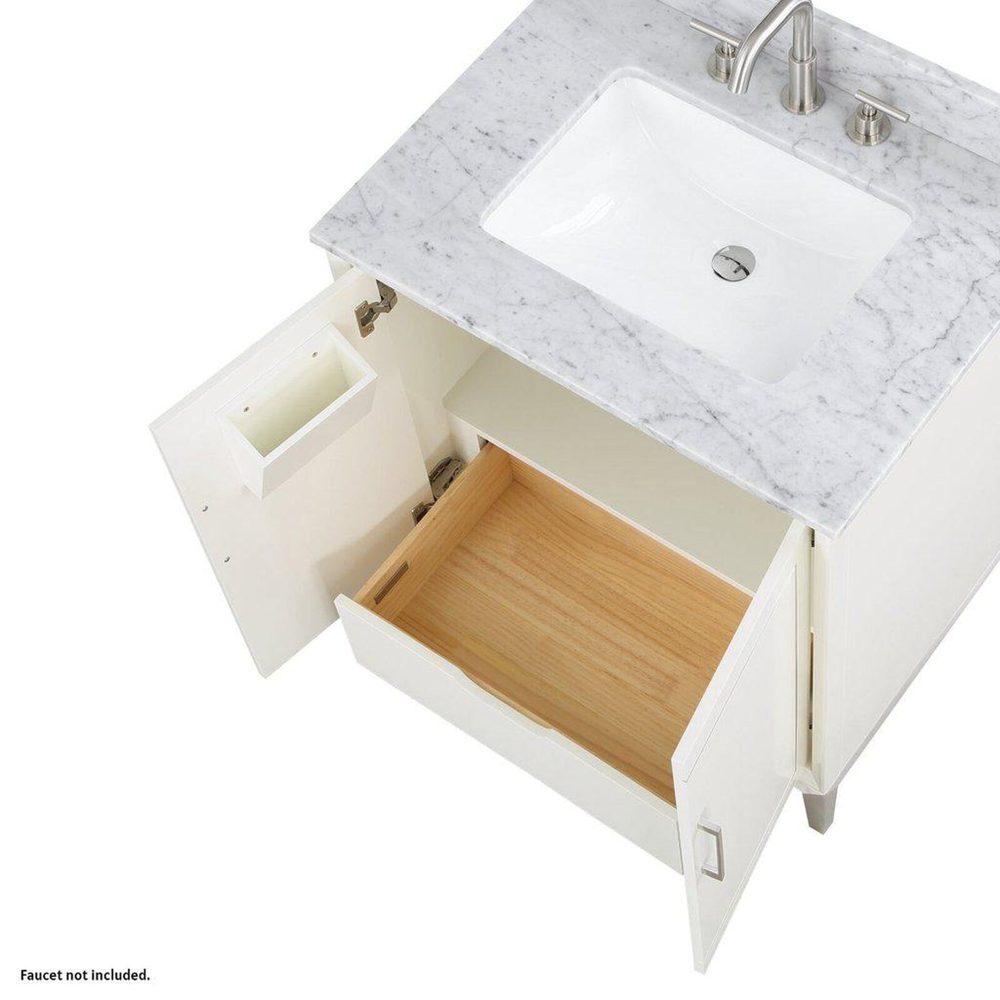 Bemma Design Gracie 30" Satin White Solid Wood Freestanding Bathroom Vanity With Single 3-Hole Italian Carra Marble Vanity Top, Rectangle Undermount Sink, Backsplash and Brushed Nickel Trim