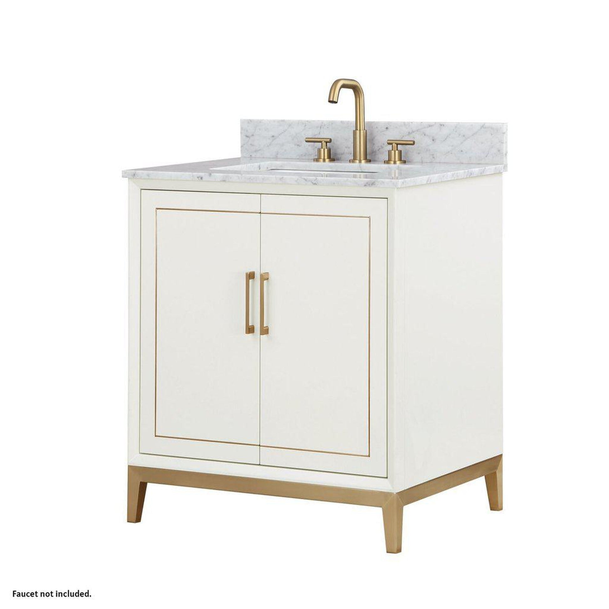 Bemma Design Gracie 30" Satin White Solid Wood Freestanding Bathroom Vanity With Single 3-Hole Italian Carra Marble Vanity Top, Rectangle Undermount Sink, Backsplash and Satin Brass Trim