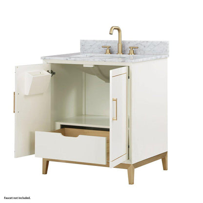 Bemma Design Gracie 30" Satin White Solid Wood Freestanding Bathroom Vanity With Single 3-Hole Italian Carra Marble Vanity Top, Rectangle Undermount Sink, Backsplash and Satin Brass Trim