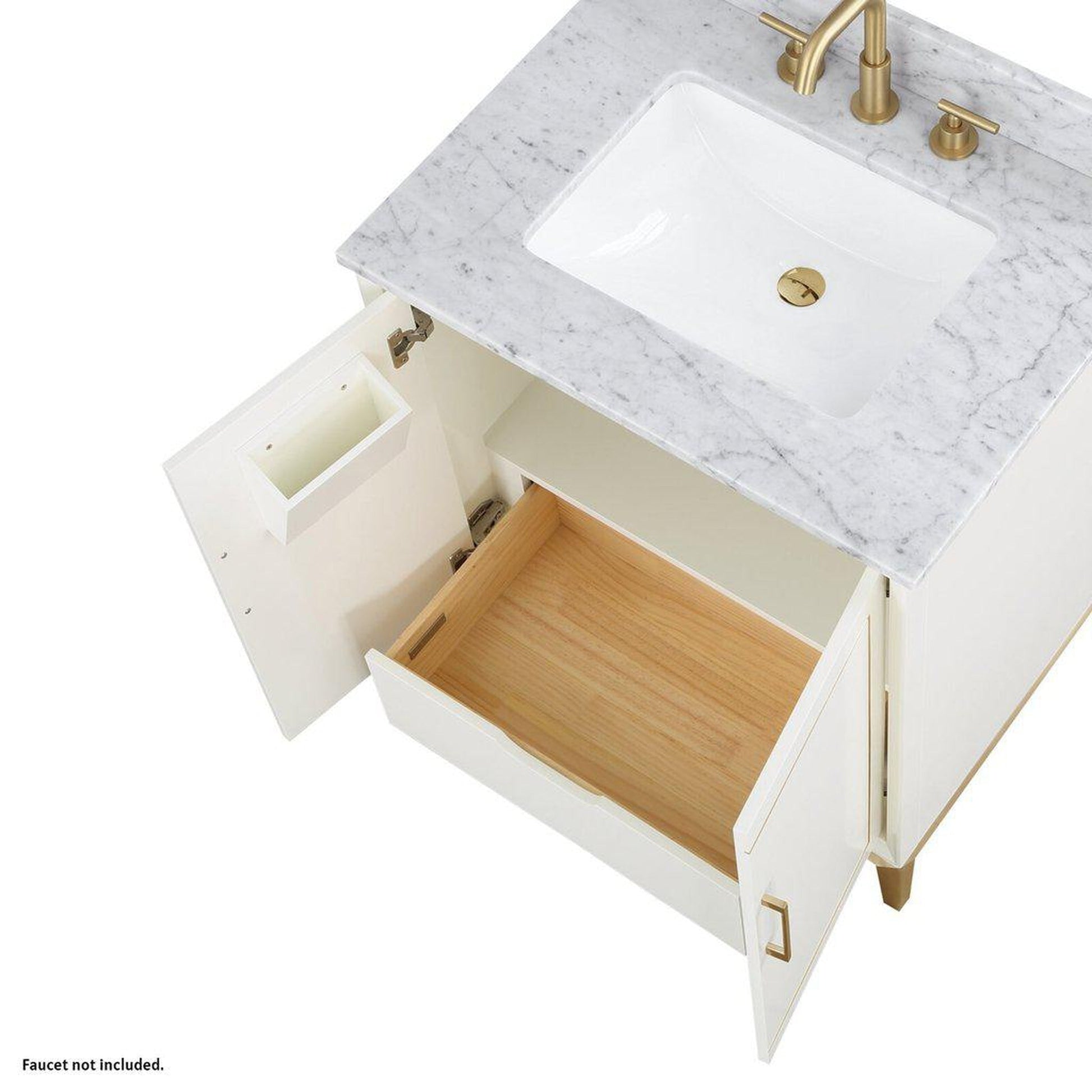 Bemma Design Gracie 30" Satin White Solid Wood Freestanding Bathroom Vanity With Single 3-Hole Italian Carra Marble Vanity Top, Rectangle Undermount Sink, Backsplash and Satin Brass Trim