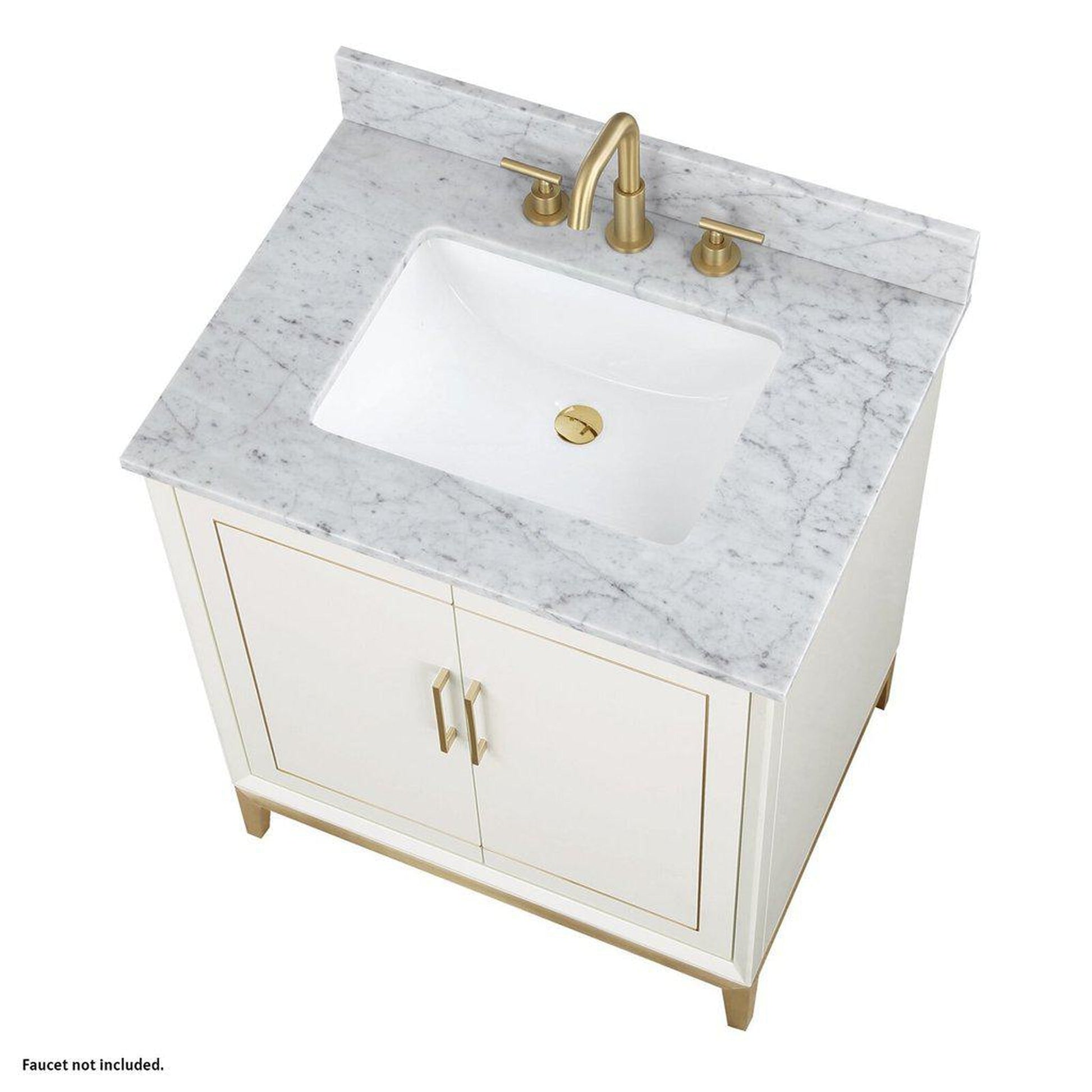 Bemma Design Gracie 30" Satin White Solid Wood Freestanding Bathroom Vanity With Single 3-Hole Italian Carra Marble Vanity Top, Rectangle Undermount Sink, Backsplash and Satin Brass Trim