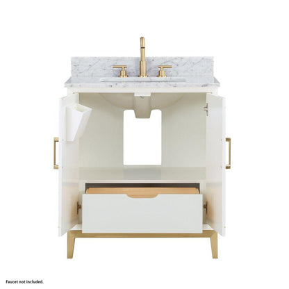 Bemma Design Gracie 30" Satin White Solid Wood Freestanding Bathroom Vanity With Single 3-Hole Italian Carra Marble Vanity Top, Rectangle Undermount Sink, Backsplash and Satin Brass Trim