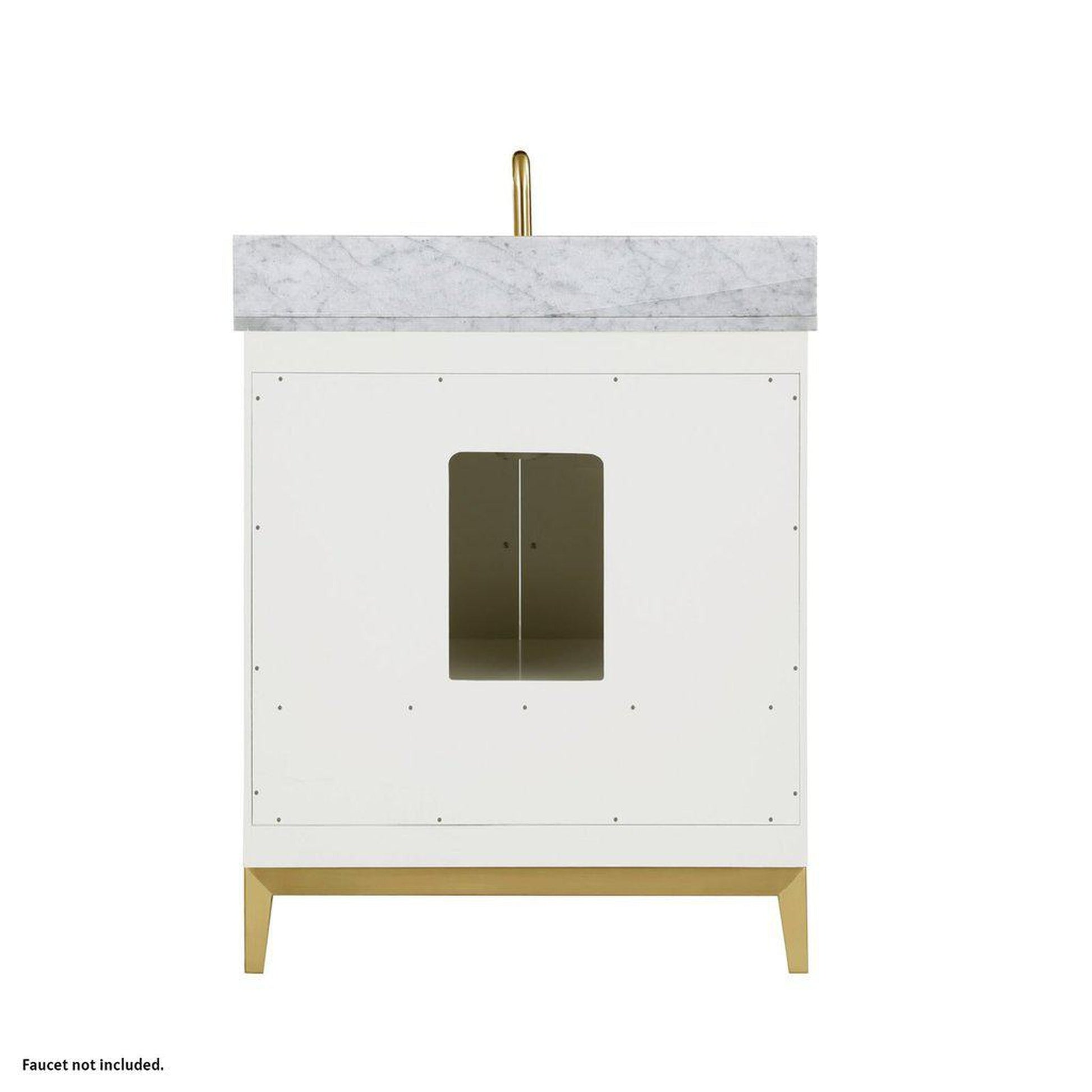 Bemma Design Gracie 30" Satin White Solid Wood Freestanding Bathroom Vanity With Single 3-Hole Italian Carra Marble Vanity Top, Rectangle Undermount Sink, Backsplash and Satin Brass Trim