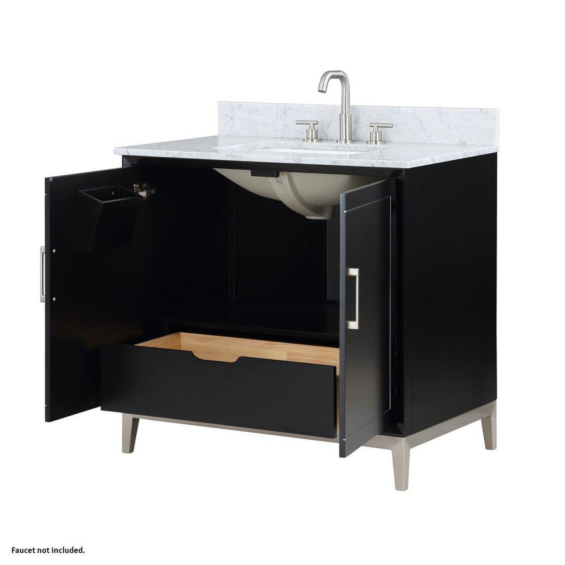 Bemma Design Gracie 36" Midnight Black Solid Wood Freestanding Bathroom Vanity With Single 3-Hole Italian Carra Marble Vanity Top, Rectangle Undermount Sink, Backsplash and Brushed Nickel Trim