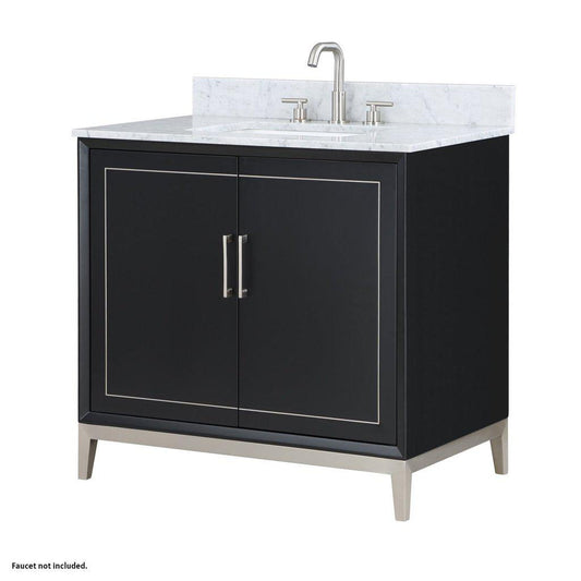 Bemma Design Gracie 36" Midnight Black Solid Wood Freestanding Bathroom Vanity With Single 3-Hole Italian Carra Marble Vanity Top, Rectangle Undermount Sink, Backsplash and Brushed Nickel Trim
