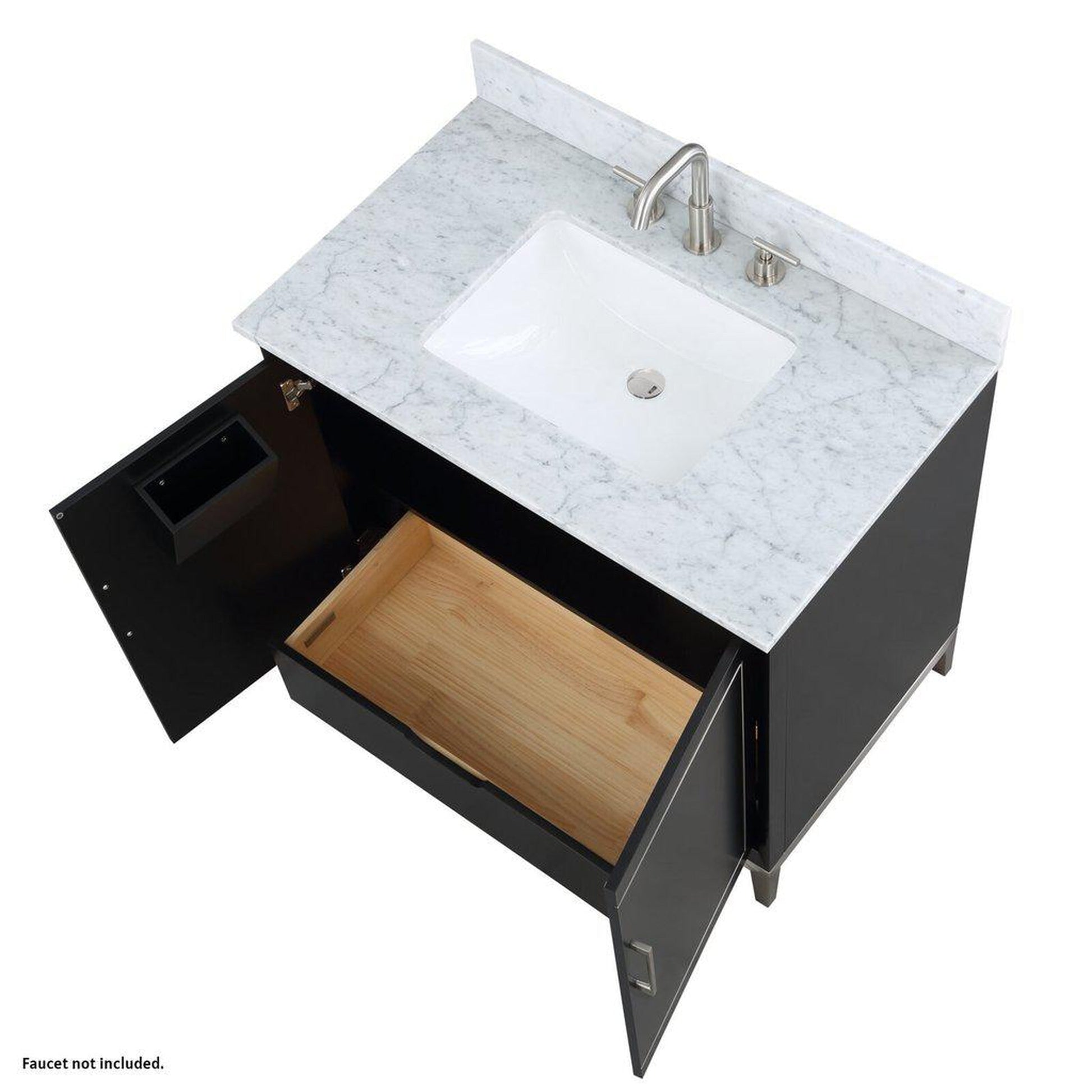 Bemma Design Gracie 36" Midnight Black Solid Wood Freestanding Bathroom Vanity With Single 3-Hole Italian Carra Marble Vanity Top, Rectangle Undermount Sink, Backsplash and Brushed Nickel Trim