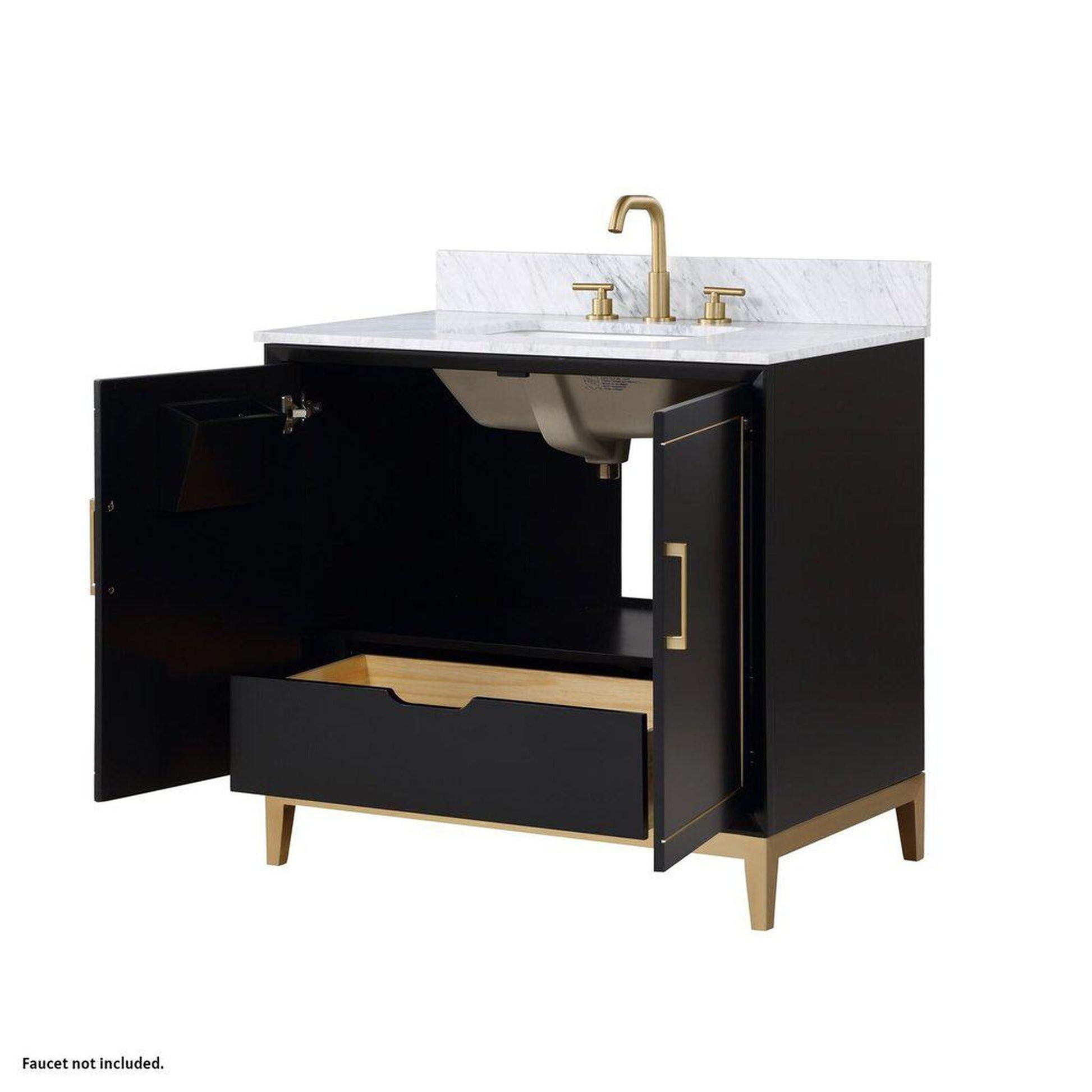 Bemma Design Gracie 36" Midnight Black Solid Wood Freestanding Bathroom Vanity With Single 3-Hole Italian Carra Marble Vanity Top, Rectangle Undermount Sink, Backsplash and Satin Brass Trim