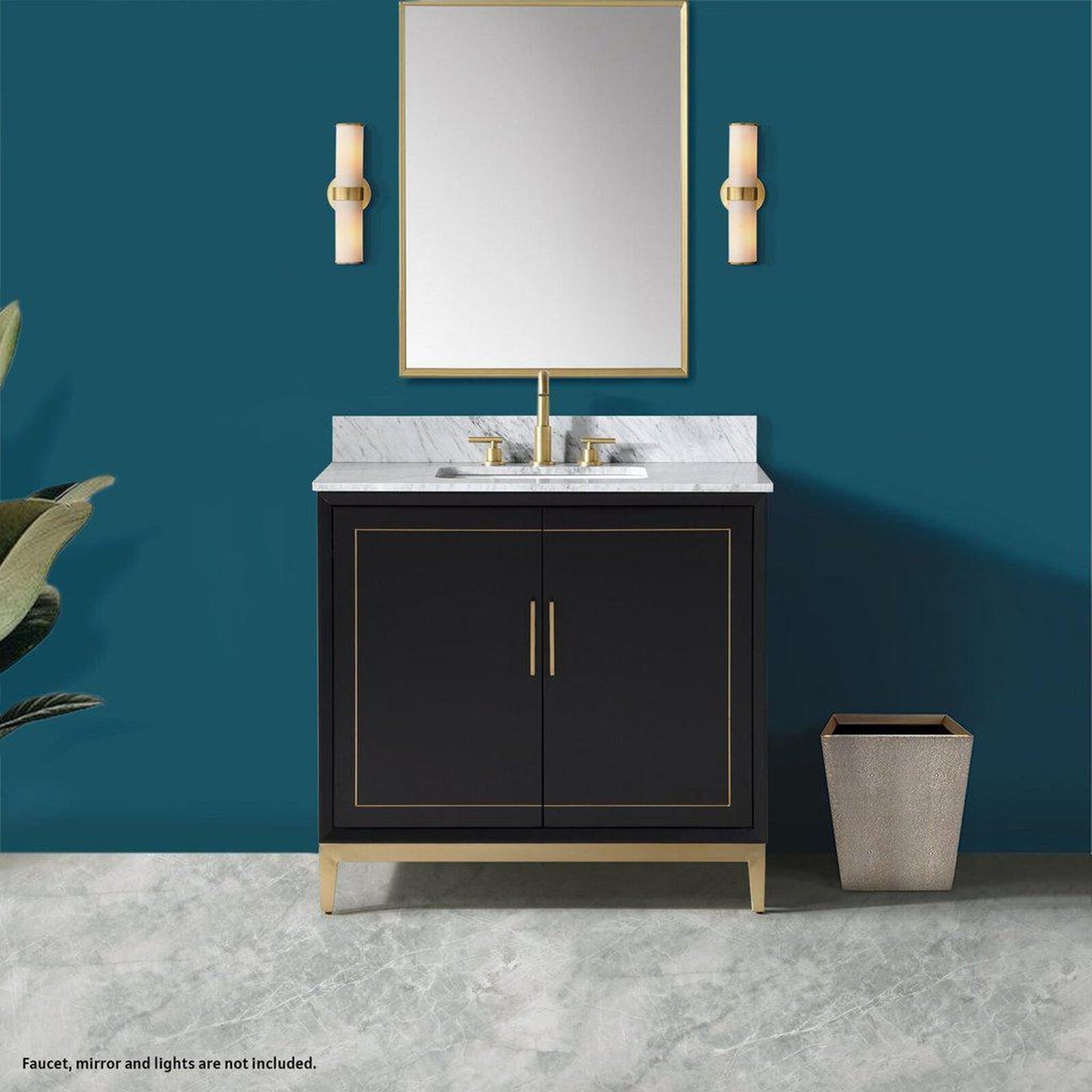 Bemma Design Gracie 36" Midnight Black Solid Wood Freestanding Bathroom Vanity With Single 3-Hole Italian Carra Marble Vanity Top, Rectangle Undermount Sink, Backsplash and Satin Brass Trim