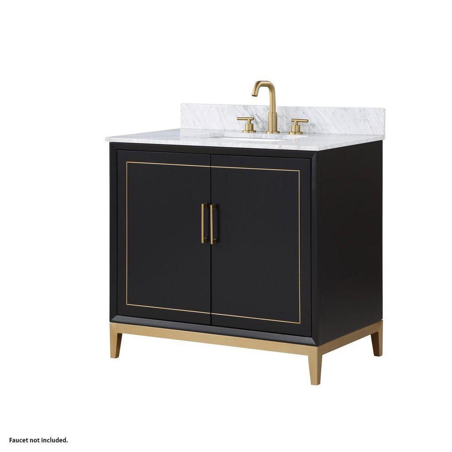 Bemma Design Gracie 36" Midnight Black Solid Wood Freestanding Bathroom Vanity With Single 3-Hole Italian Carra Marble Vanity Top, Rectangle Undermount Sink, Backsplash and Satin Brass Trim