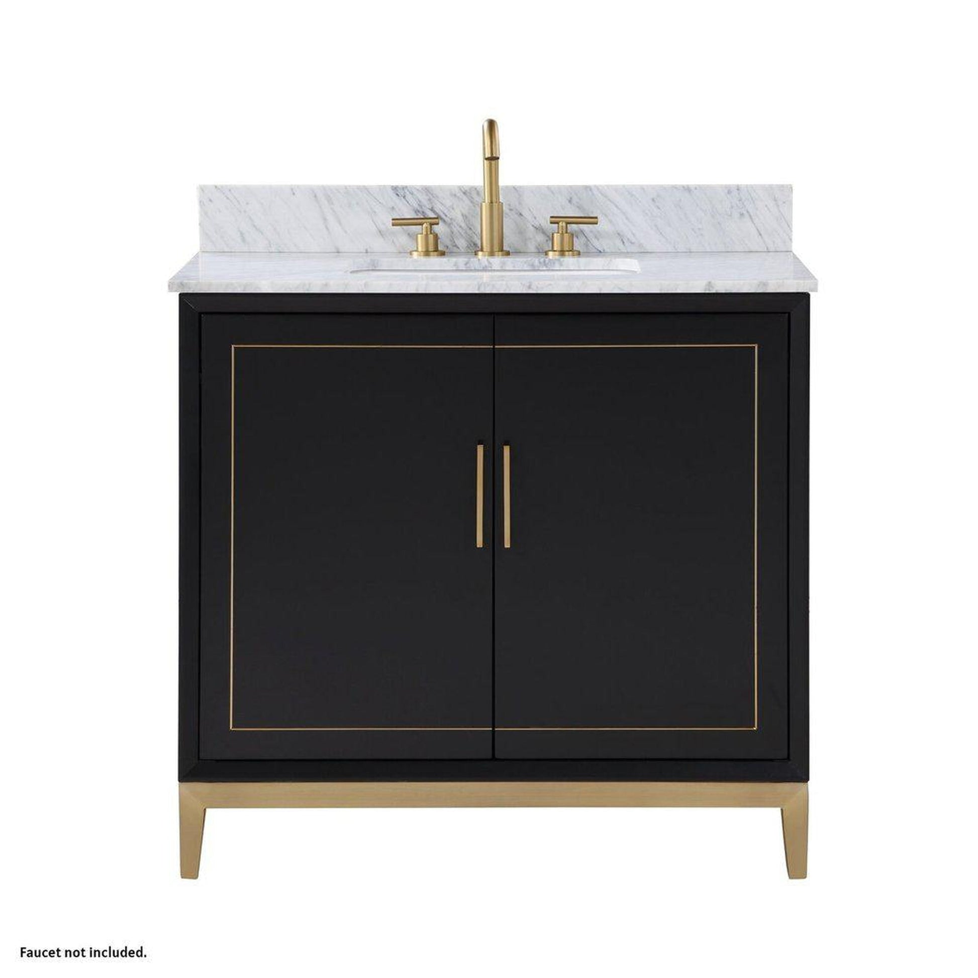 Bemma Design Gracie 36" Midnight Black Solid Wood Freestanding Bathroom Vanity With Single 3-Hole Italian Carra Marble Vanity Top, Rectangle Undermount Sink, Backsplash and Satin Brass Trim