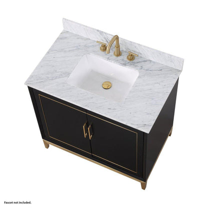 Bemma Design Gracie 36" Midnight Black Solid Wood Freestanding Bathroom Vanity With Single 3-Hole Italian Carra Marble Vanity Top, Rectangle Undermount Sink, Backsplash and Satin Brass Trim