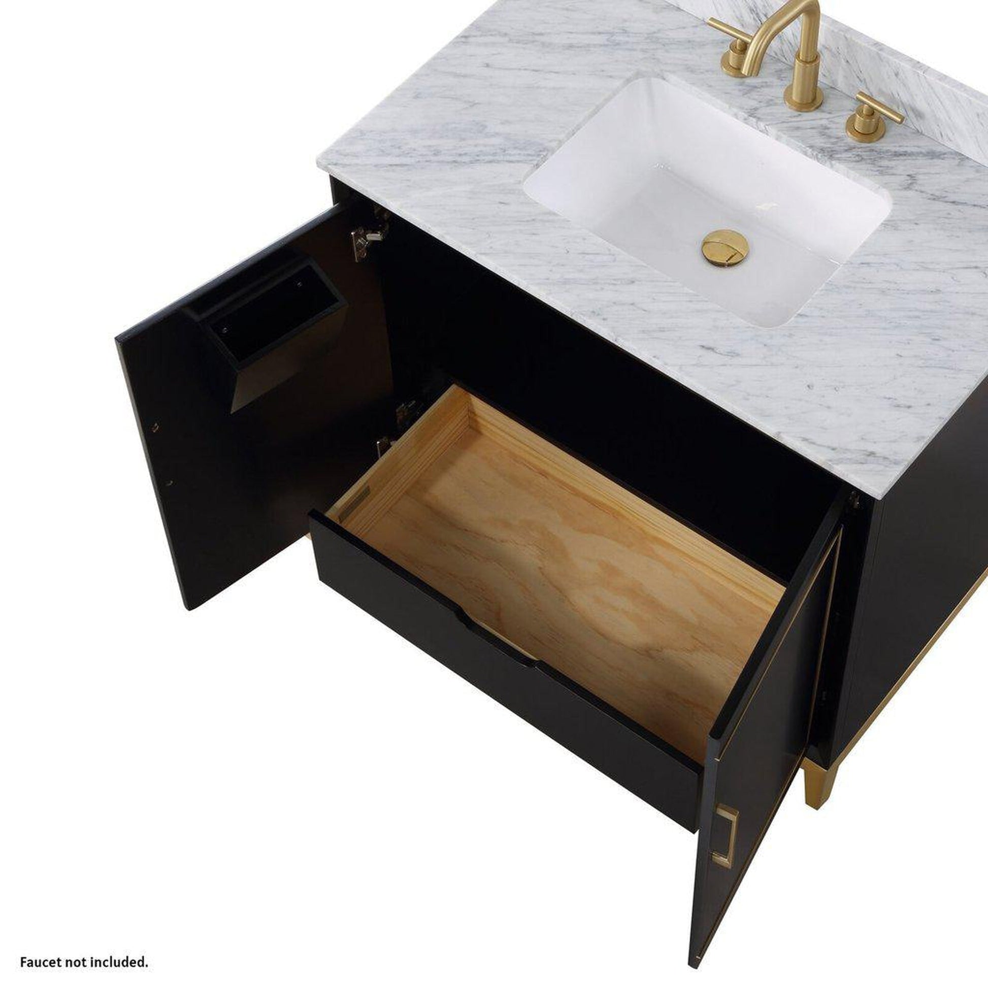 Bemma Design Gracie 36" Midnight Black Solid Wood Freestanding Bathroom Vanity With Single 3-Hole Italian Carra Marble Vanity Top, Rectangle Undermount Sink, Backsplash and Satin Brass Trim