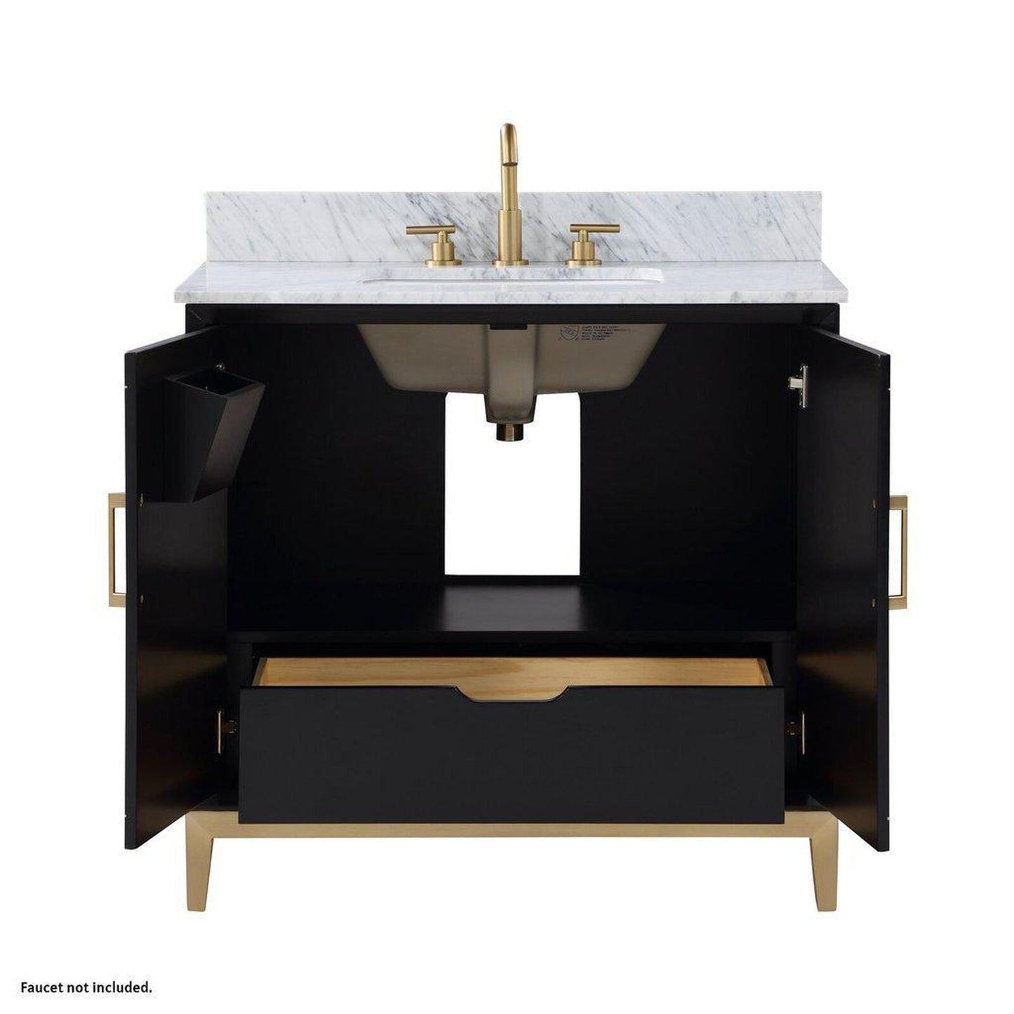 Bemma Design Gracie 36" Midnight Black Solid Wood Freestanding Bathroom Vanity With Single 3-Hole Italian Carra Marble Vanity Top, Rectangle Undermount Sink, Backsplash and Satin Brass Trim