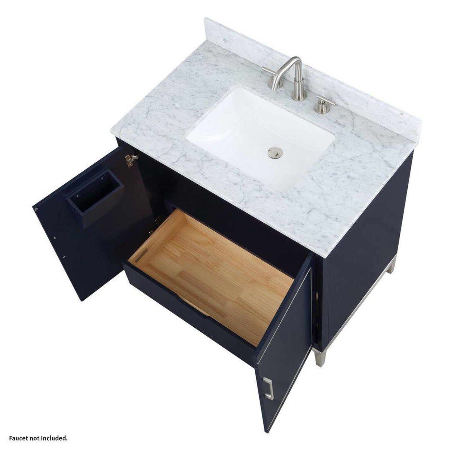 Bemma Design Gracie 36" Pacific Blue Solid Wood Freestanding Bathroom Vanity With Single 3-Hole Italian Carra Marble Vanity Top, Rectangle Undermount Sink, Backsplash and Brushed Nickel Trim