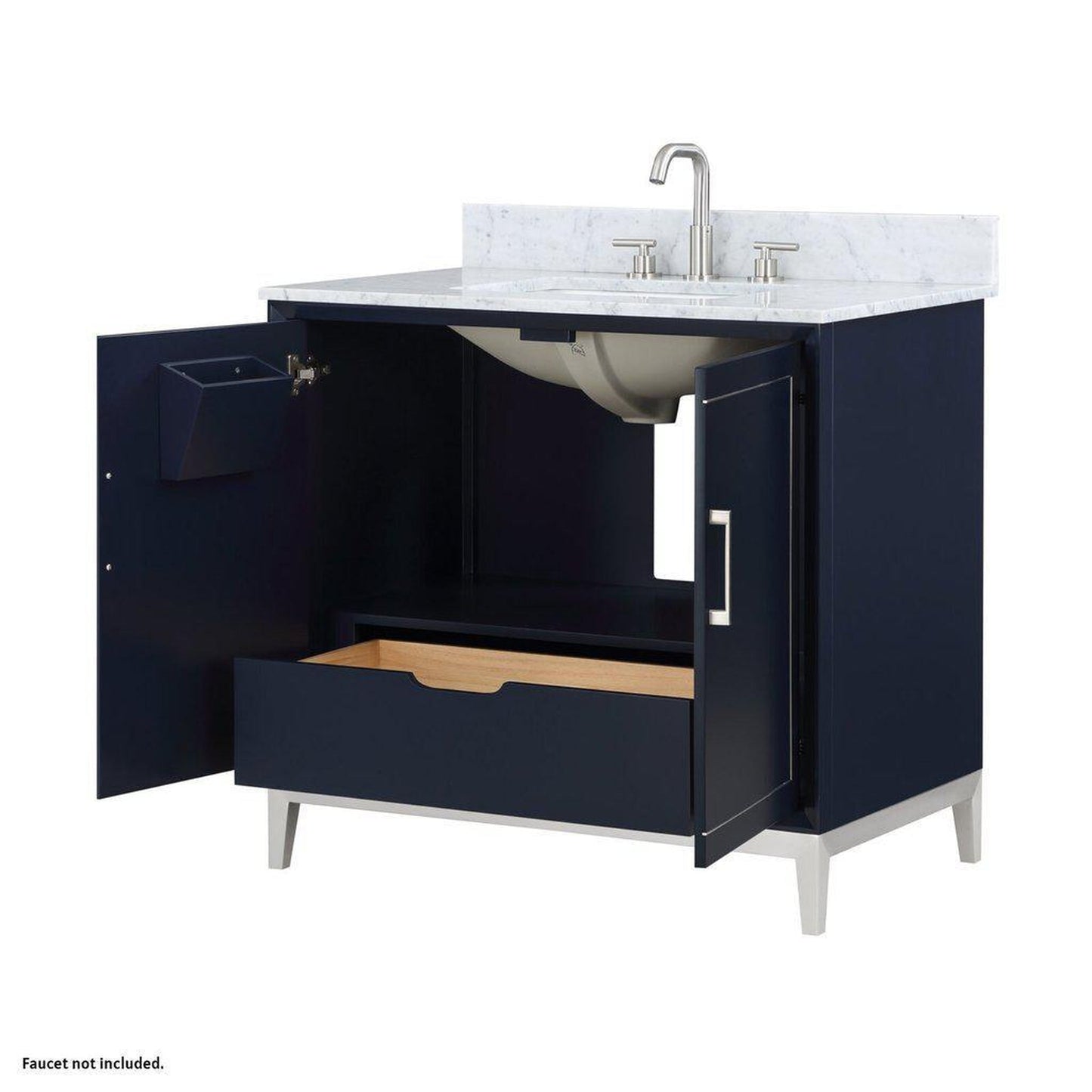 Bemma Design Gracie 36" Pacific Blue Solid Wood Freestanding Bathroom Vanity With Single 3-Hole Italian Carra Marble Vanity Top, Rectangle Undermount Sink, Backsplash and Brushed Nickel Trim