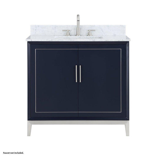 Bemma Design Gracie 36" Pacific Blue Solid Wood Freestanding Bathroom Vanity With Single 3-Hole Italian Carra Marble Vanity Top, Rectangle Undermount Sink, Backsplash and Brushed Nickel Trim