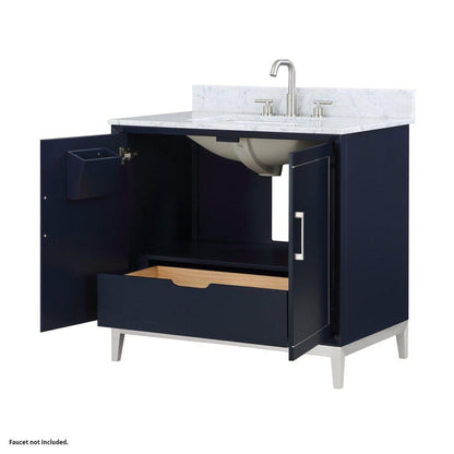 Bemma Design Gracie 36" Pacific Blue Solid Wood Freestanding Bathroom Vanity With Single 3-Hole Italian Carra Marble Vanity Top, Rectangle Undermount Sink, Backsplash and Brushed Nickel Trim