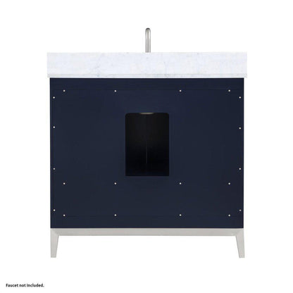 Bemma Design Gracie 36" Pacific Blue Solid Wood Freestanding Bathroom Vanity With Single 3-Hole Italian Carra Marble Vanity Top, Rectangle Undermount Sink, Backsplash and Brushed Nickel Trim