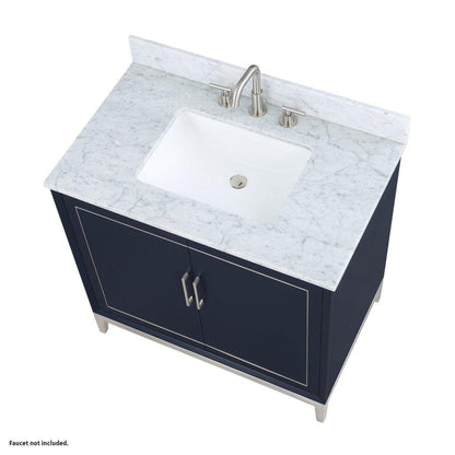Bemma Design Gracie 36" Pacific Blue Solid Wood Freestanding Bathroom Vanity With Single 3-Hole Italian Carra Marble Vanity Top, Rectangle Undermount Sink, Backsplash and Brushed Nickel Trim