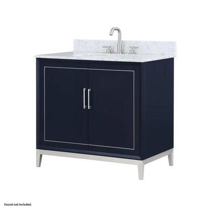 Bemma Design Gracie 36" Pacific Blue Solid Wood Freestanding Bathroom Vanity With Single 3-Hole Italian Carra Marble Vanity Top, Rectangle Undermount Sink, Backsplash and Brushed Nickel Trim