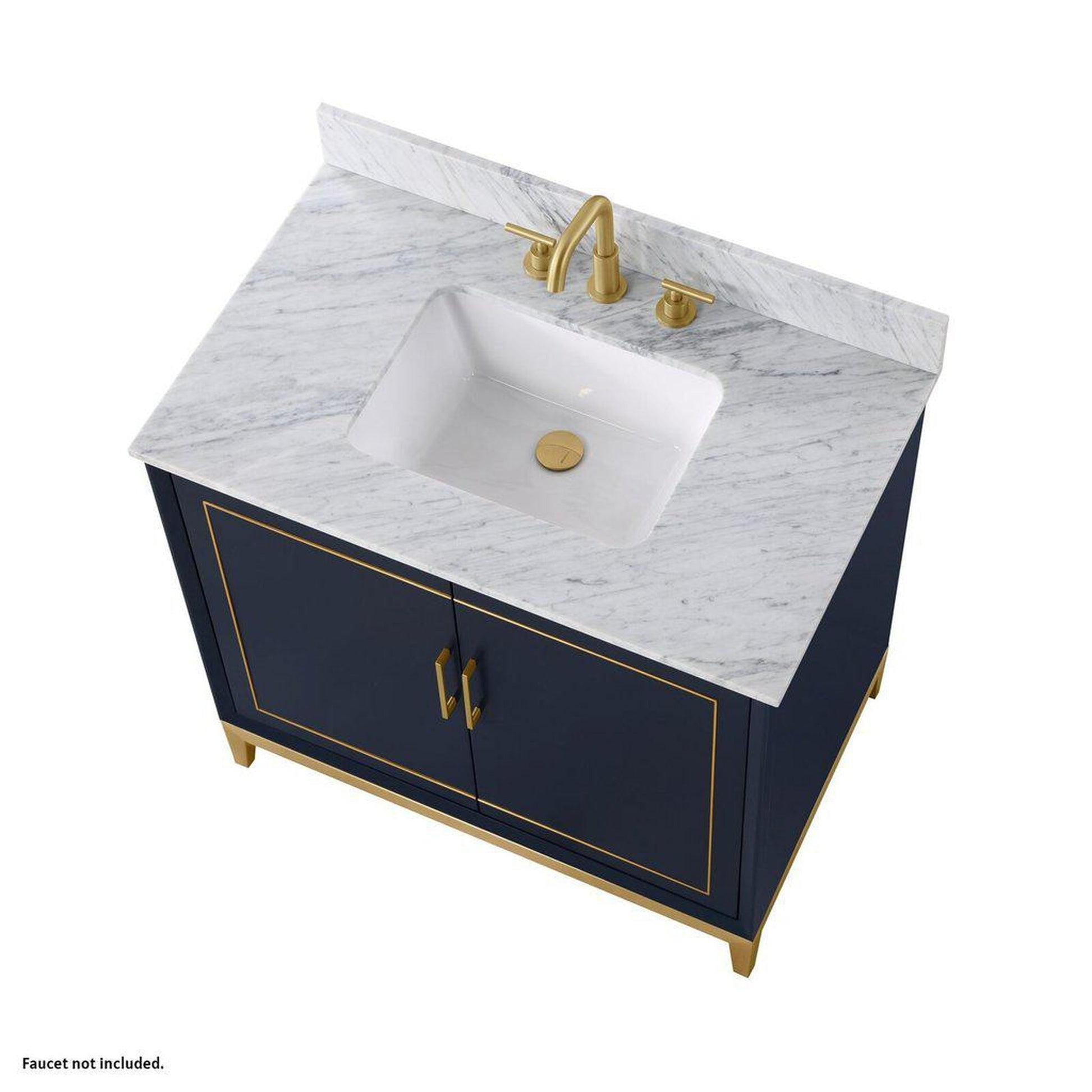 Bemma Design Gracie 36" Pacific Blue Solid Wood Freestanding Bathroom Vanity With Single 3-Hole Italian Carra Marble Vanity Top, Rectangle Undermount Sink, Backsplash and Satin Brass Trim