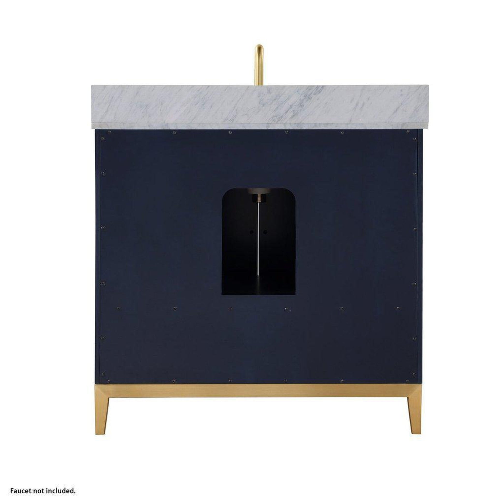 Bemma Design Gracie 36" Pacific Blue Solid Wood Freestanding Bathroom Vanity With Single 3-Hole Italian Carra Marble Vanity Top, Rectangle Undermount Sink, Backsplash and Satin Brass Trim