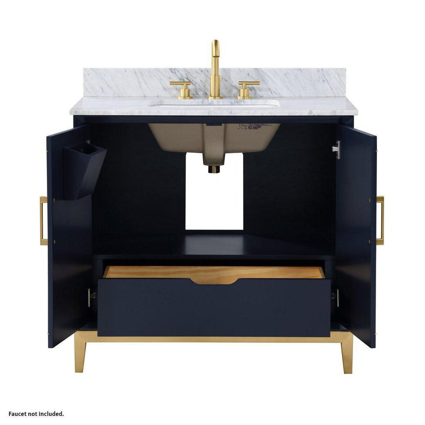 Bemma Design Gracie 36" Pacific Blue Solid Wood Freestanding Bathroom Vanity With Single 3-Hole Italian Carra Marble Vanity Top, Rectangle Undermount Sink, Backsplash and Satin Brass Trim