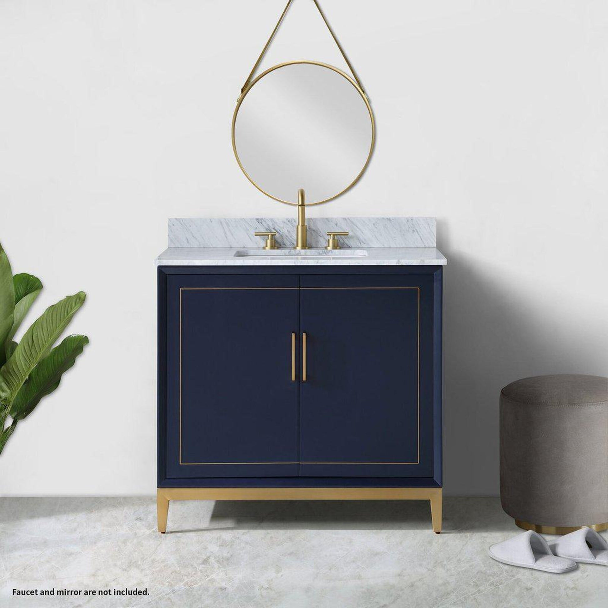 Bemma Design Gracie 36" Pacific Blue Solid Wood Freestanding Bathroom Vanity With Single 3-Hole Italian Carra Marble Vanity Top, Rectangle Undermount Sink, Backsplash and Satin Brass Trim