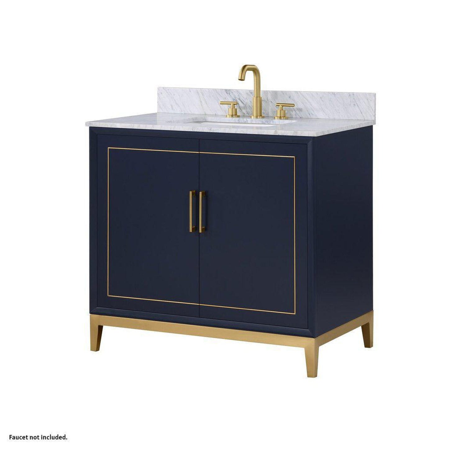 Bemma Design Gracie 36" Pacific Blue Solid Wood Freestanding Bathroom Vanity With Single 3-Hole Italian Carra Marble Vanity Top, Rectangle Undermount Sink, Backsplash and Satin Brass Trim