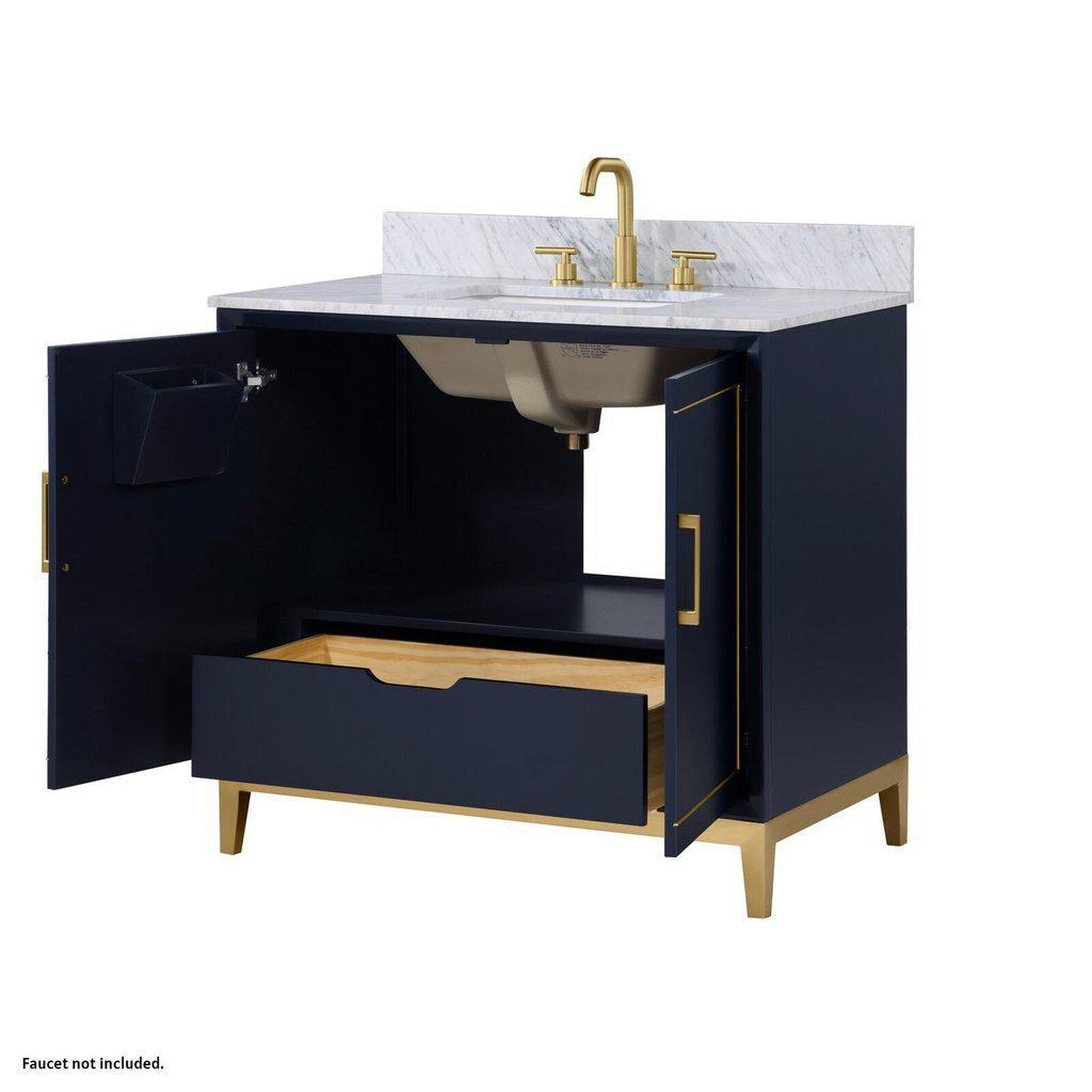 Bemma Design Gracie 36" Pacific Blue Solid Wood Freestanding Bathroom Vanity With Single 3-Hole Italian Carra Marble Vanity Top, Rectangle Undermount Sink, Backsplash and Satin Brass Trim