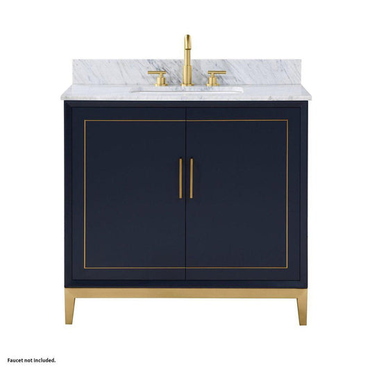 Bemma Design Gracie 36" Pacific Blue Solid Wood Freestanding Bathroom Vanity With Single 3-Hole Italian Carra Marble Vanity Top, Rectangle Undermount Sink, Backsplash and Satin Brass Trim