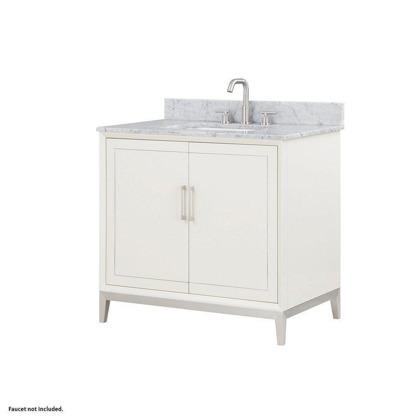 Bemma Design Gracie 36" Satin White Solid Wood Freestanding Bathroom Vanity With Single 3-Hole Italian Carra Marble Vanity Top, Rectangle Undermount Sink, Backsplash and Brushed Nickel Trim