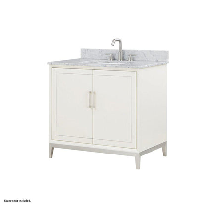 Bemma Design Gracie 36" Satin White Solid Wood Freestanding Bathroom Vanity With Single 3-Hole Italian Carra Marble Vanity Top, Rectangle Undermount Sink, Backsplash and Brushed Nickel Trim