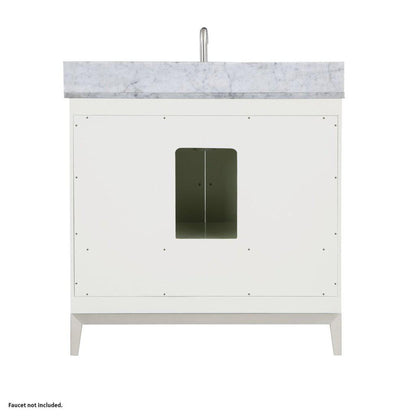 Bemma Design Gracie 36" Satin White Solid Wood Freestanding Bathroom Vanity With Single 3-Hole Italian Carra Marble Vanity Top, Rectangle Undermount Sink, Backsplash and Brushed Nickel Trim